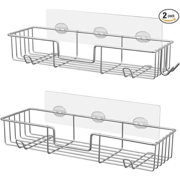 Adhesive Shower Caddy, No Drilling, Rustproof Stainless Steel, 2 Pack, Chrome - Picture 2 of 6